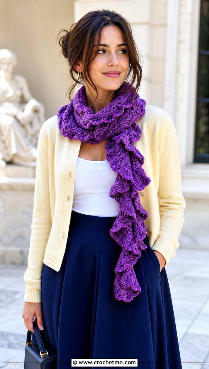 Ruffle Crochet Scarf With Cardigan And Midi Skirt - 25 Multifunctional Crochet Scarf outfit ideas