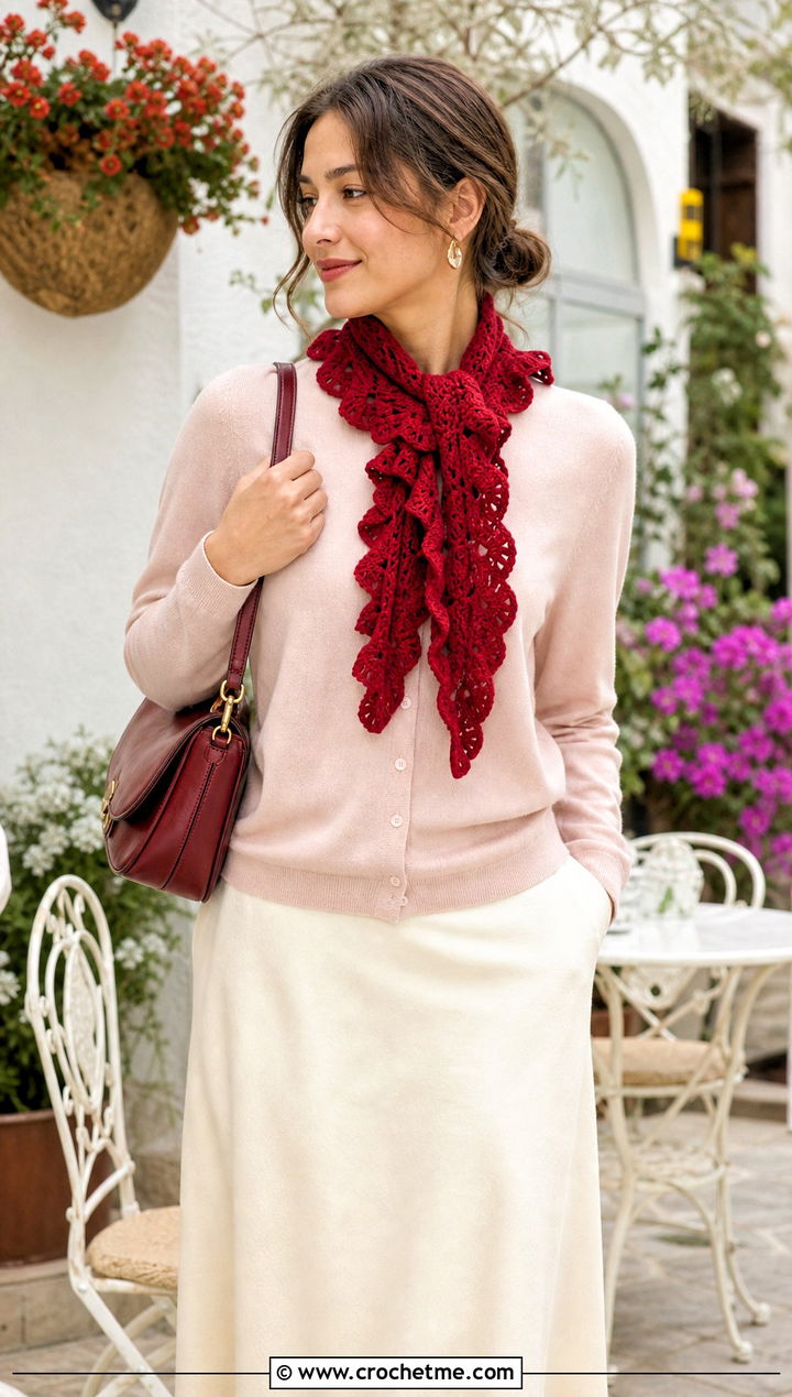 Ruffle Crochet Scarf With Cardigan And Midi Skirt - 25 Crochet Fun Scarf outfit ideas