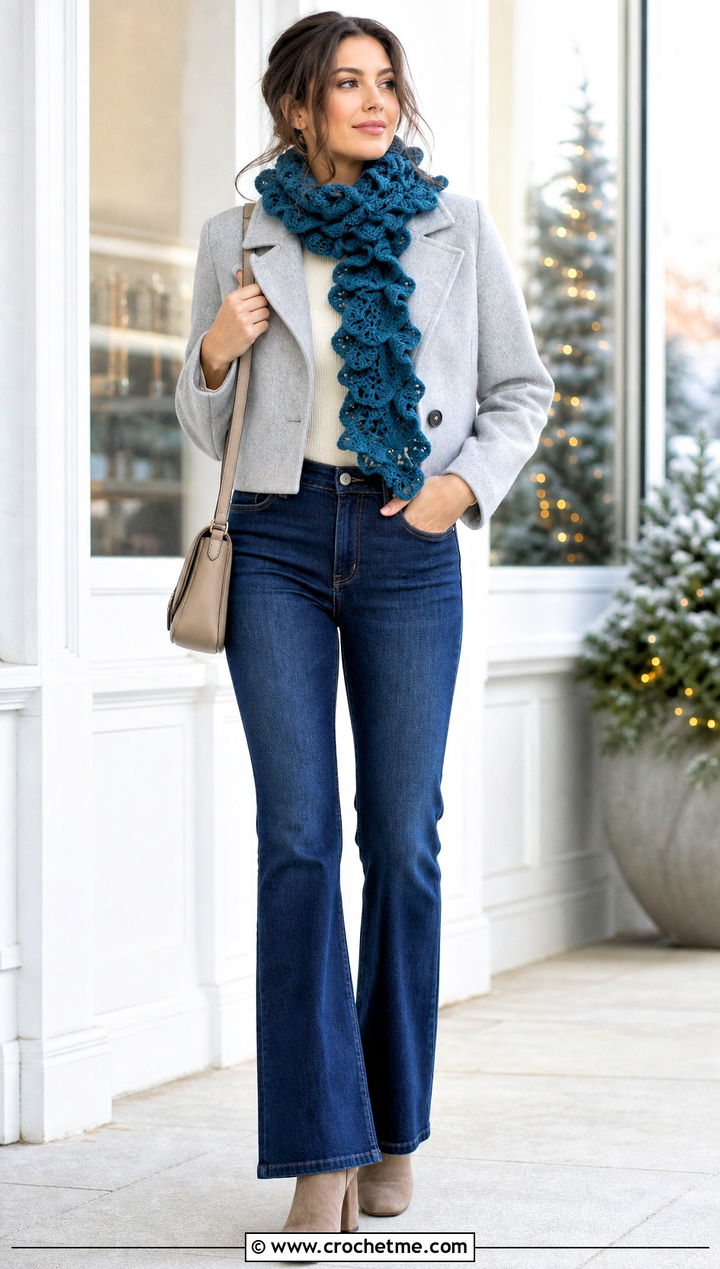 Ruffle Crochet Scarf With Cropped Coat - 35 Winter Crochet Scarfs For Women outfit ideas