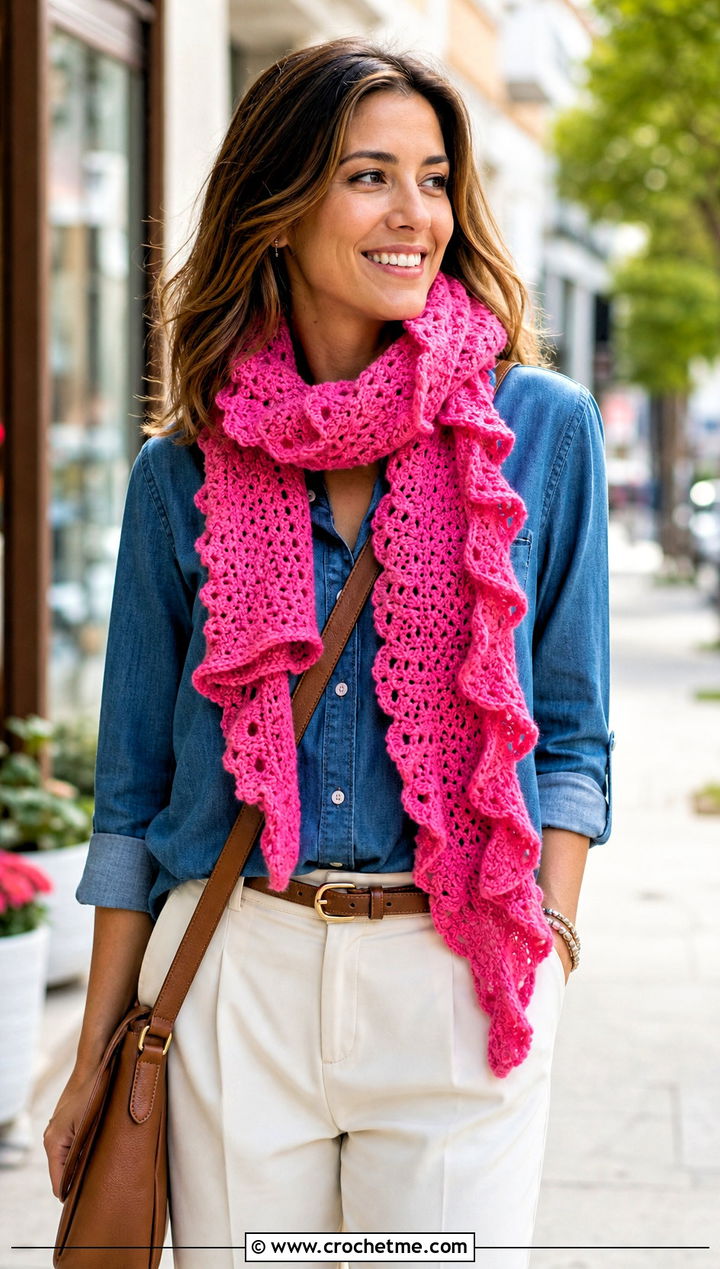 Ruffle Crochet Scarf With Denim Shirt - 25 Crochet For Beginners Scarf outfit ideas