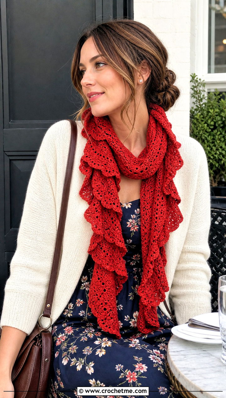 Ruffle Crochet Scarf With Floral Dress And Ankle Boots - 15 Vibrant Crochet Scarf outfit ideas