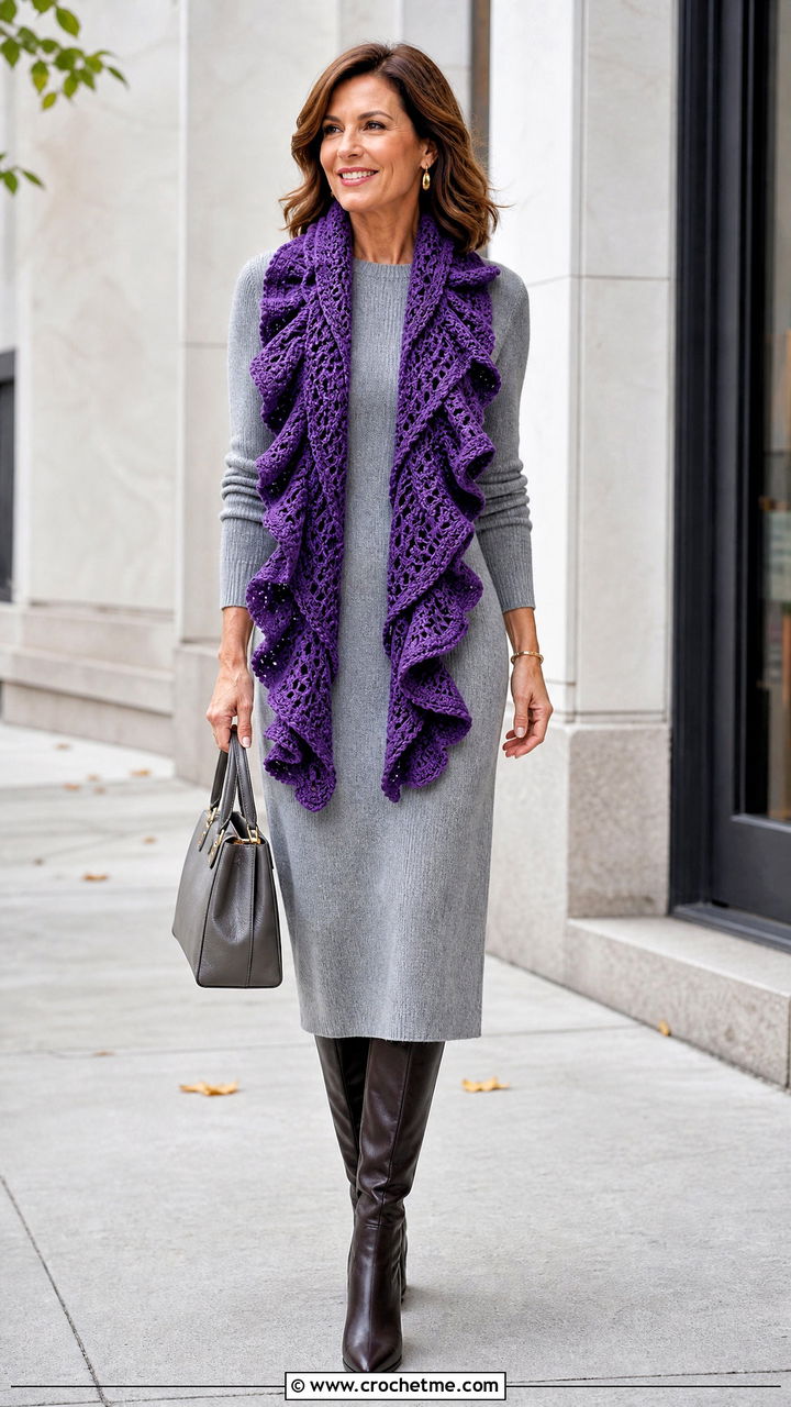 Ruffle Crochet Scarf With Knit Dress and Knee Boots - 35 easy one skein crochet scarf outfit ideas