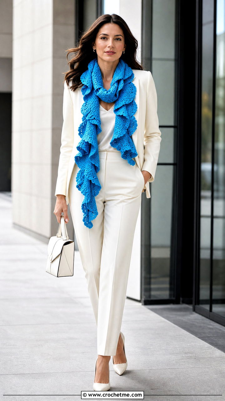 Ruffle Crochet Scarf With Monochrome Pantsuit - 35 simple crochet scarf outfit ideas