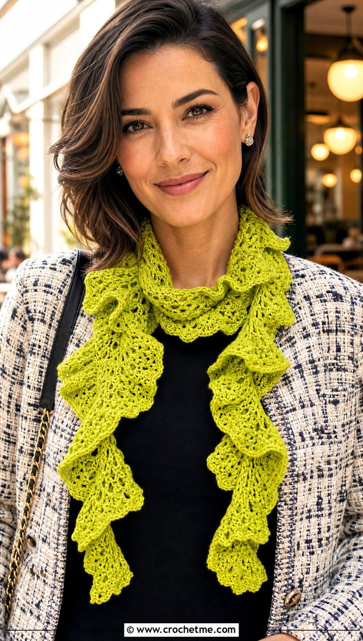 Ruffle Crochet Scarf With Tweed Jacket - 25 Beautiful Crochet Scarf outfit ideas