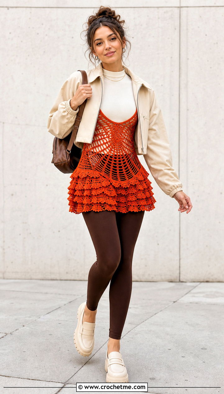 Ruffle Crochet Spider Web Mini Dress With Leggings - 30 crochet spider web dress outfit ideas