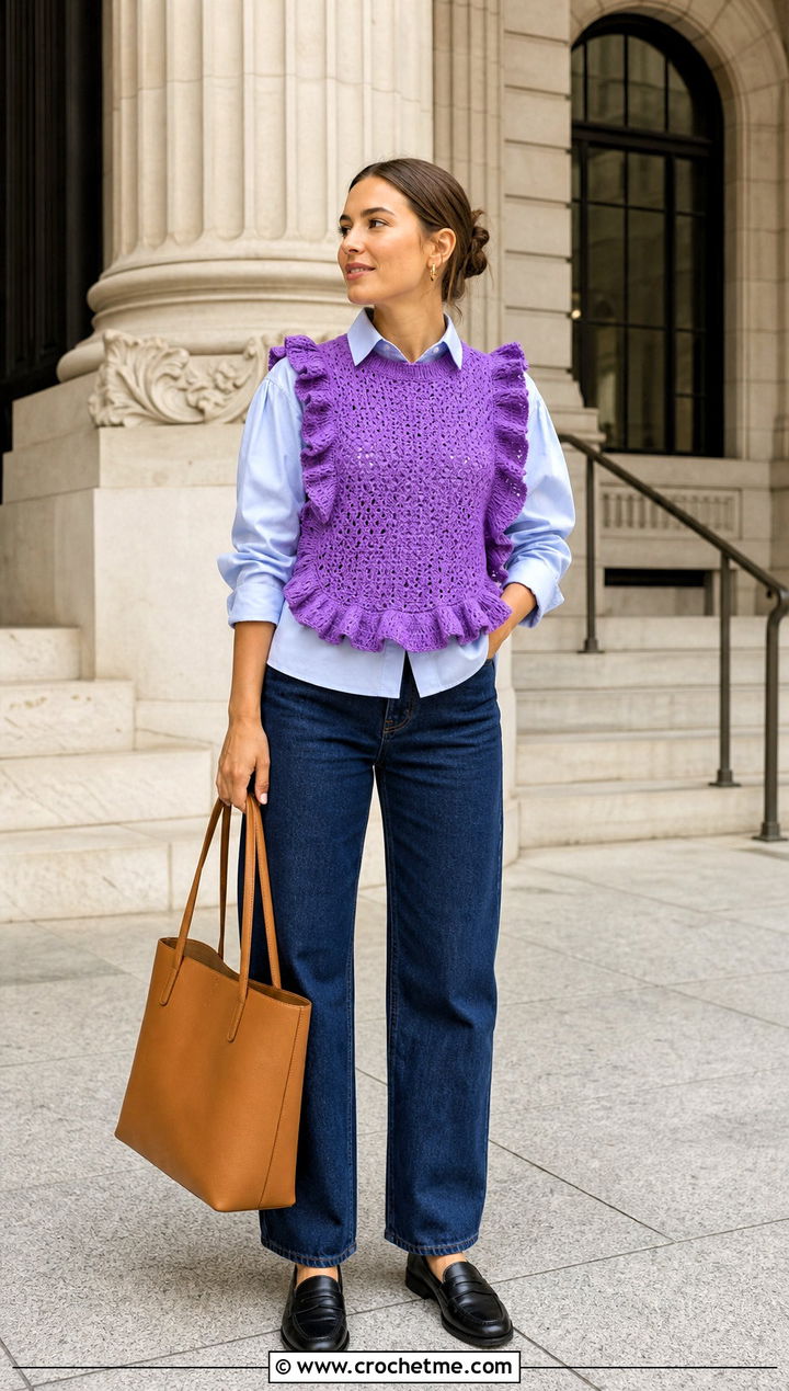 Ruffle Crochet Vest Top With Poplin Shirt And Jeans - 35 crochet top with ruffles outfit ideas
