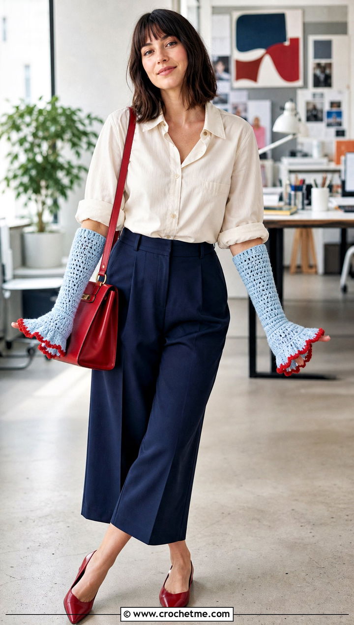 Ruffle Cuff Crochet Arm Warmers With Blouse And Culottes - 25 Easy Crochet Arm Warmers outfit ideas