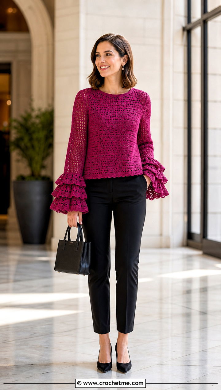 Ruffle Cuff Crochet Bell Sleeve Top With Cigarette Pants - 30 crochet top with bell sleeves outfit ideas