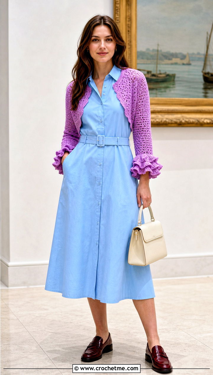 Ruffle Cuff Crochet Crop Shrug With Shirt Dress - 25 Crochet Crop Shrug outfit ideas