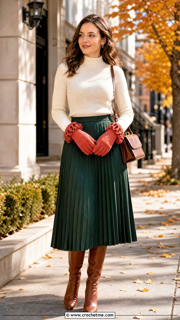 Ruffle Cuff Crochet Gloves With Midi Skirt - 35 crochet hand gloves outfit ideas