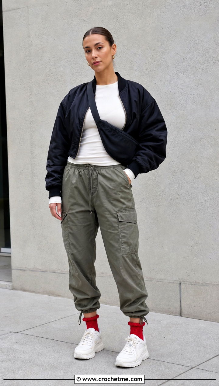 Ruffle Cuff Crochet Socks With Cargo Pants - 35 crochet sock outfit ideas