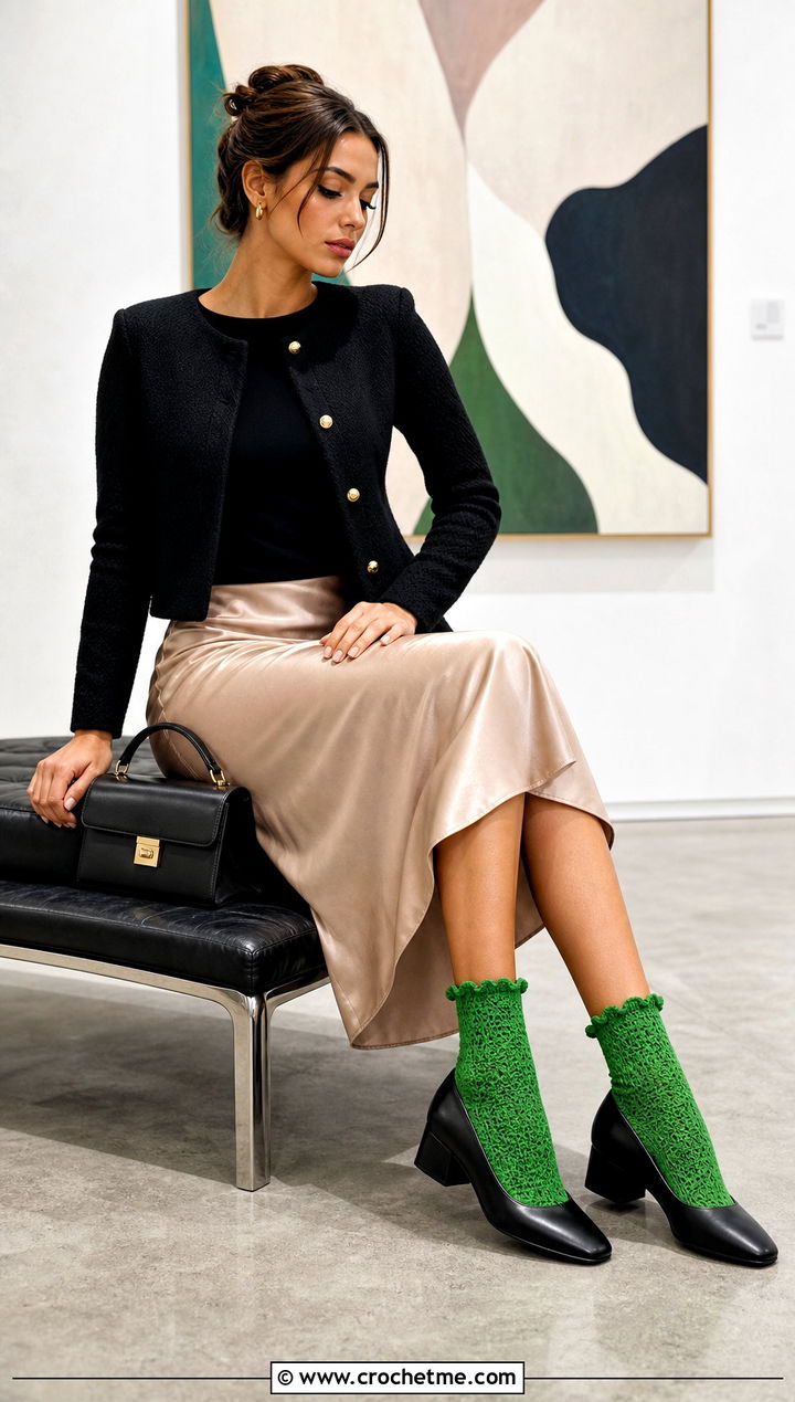Ruffle Cuff Crochet Socks With Satin Skirt And Pumps - 15 crochet ladies socks outfit ideas