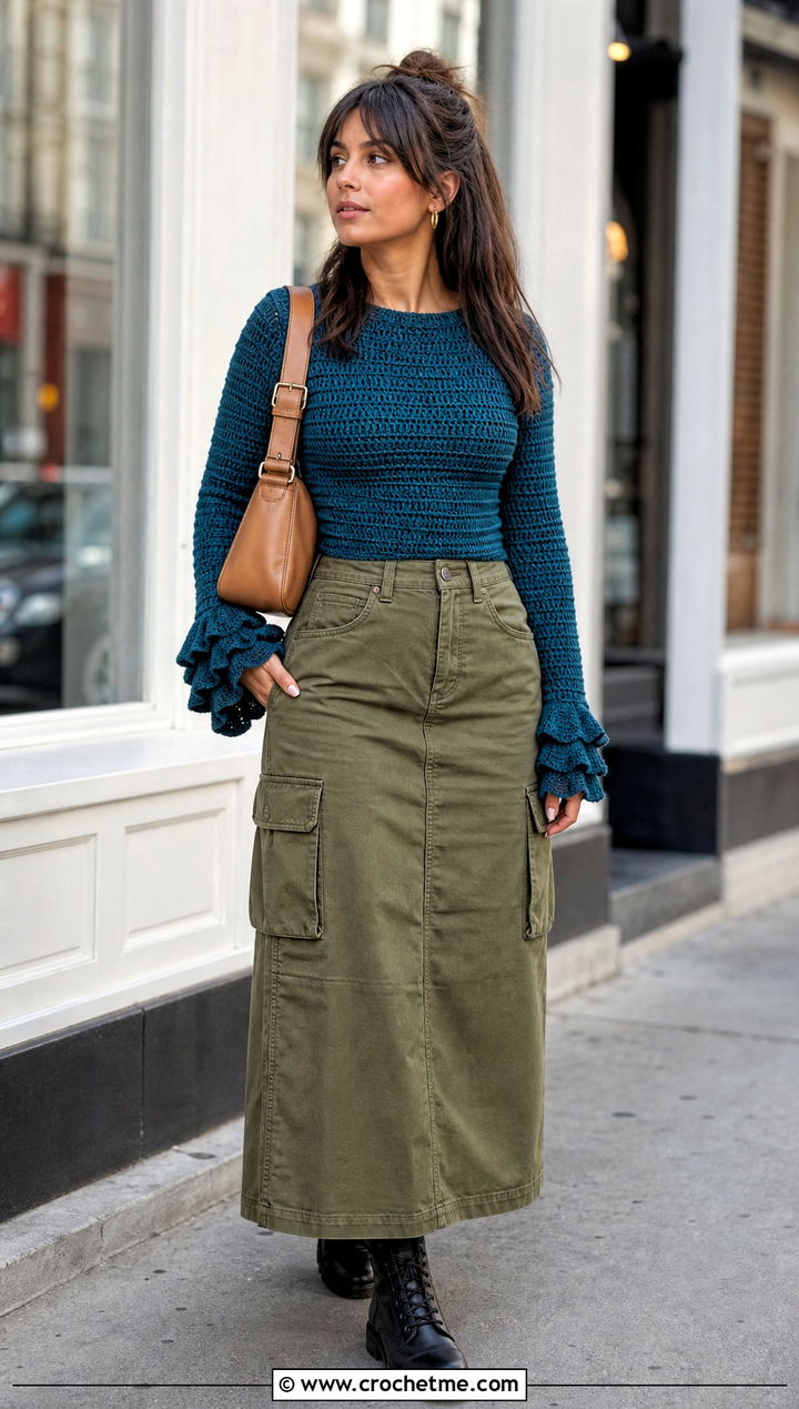 Ruffle Cuff Crochet Top With Cargo Maxi Skirt - 35 crochet top sleeves outfit ideas