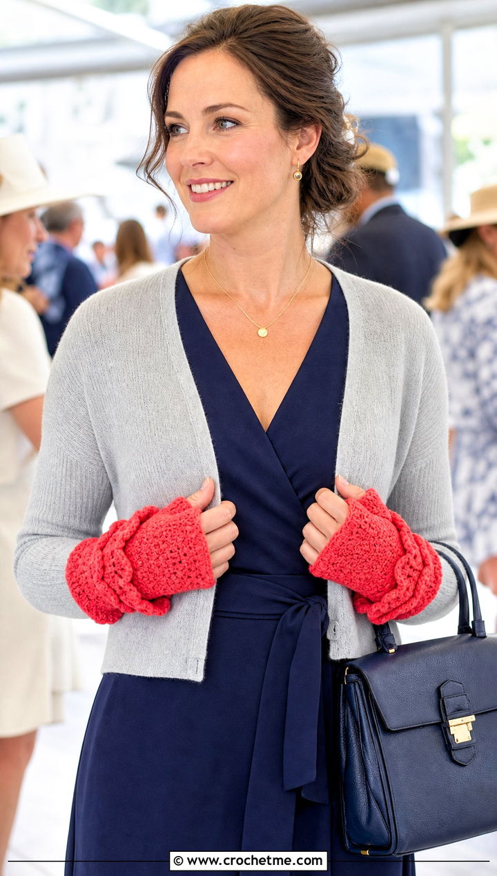 Ruffle Cuff Fingerless Gloves With Wrap Dress And Ballet Flats - 30 crocheted fingerless gloves outfit ideas