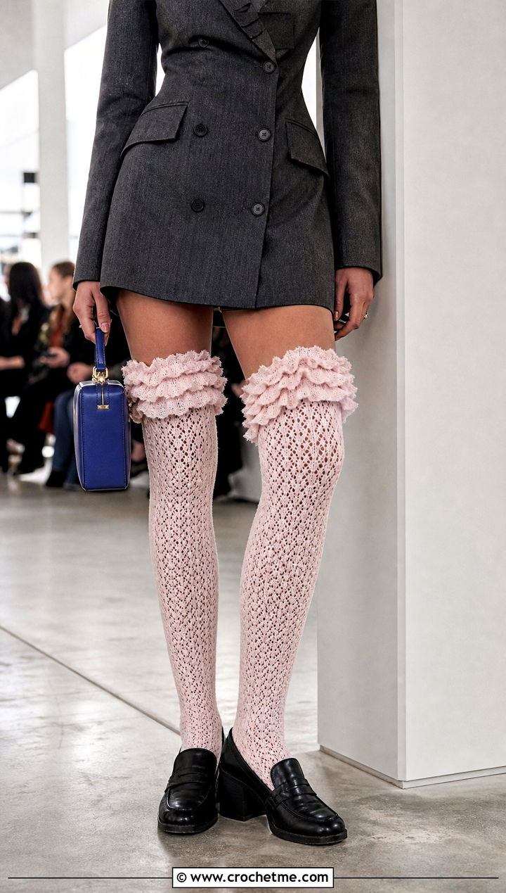 Ruffle Cuff Thigh High Crochet Socks With Blazer Dress - 35 thigh high crochet socks outfit ideas