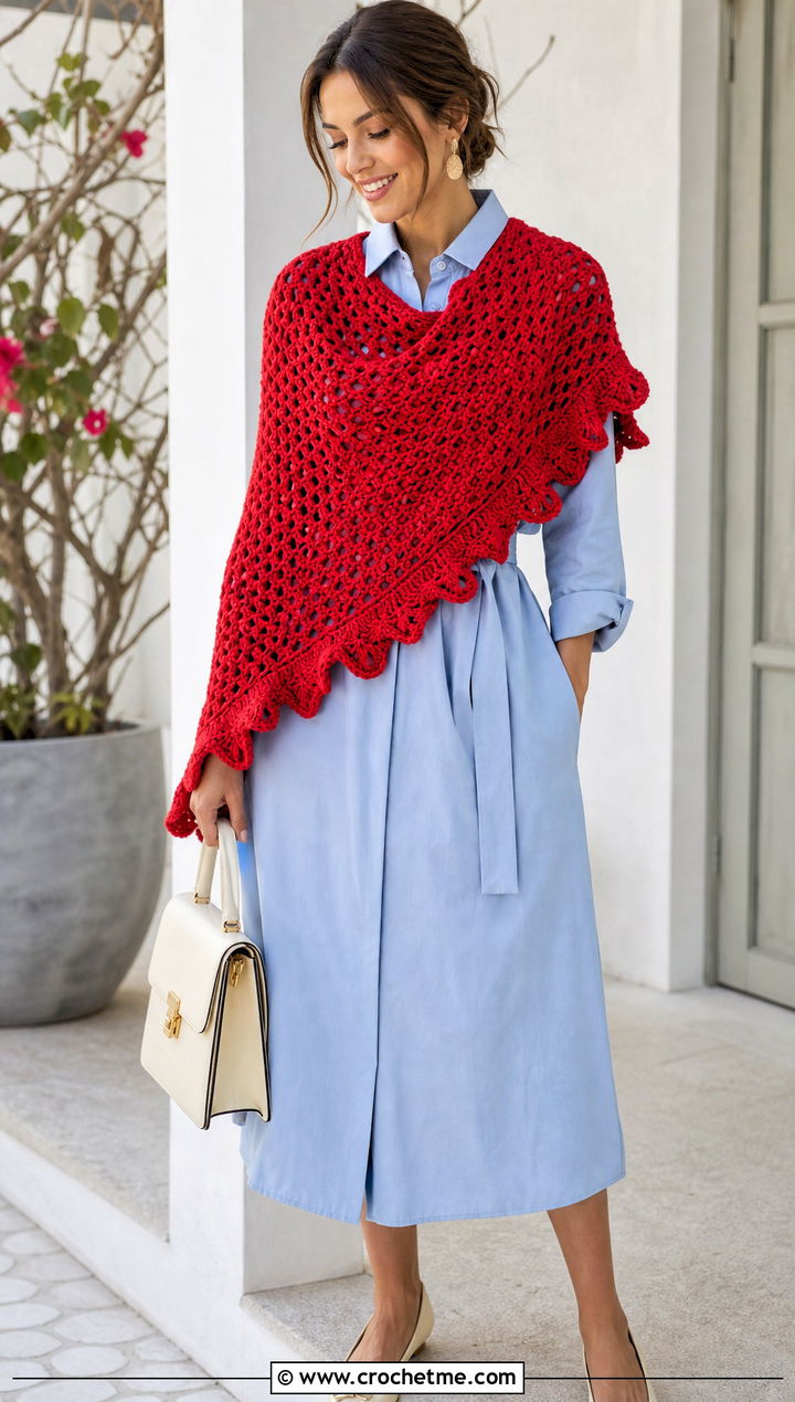 Ruffle Edge Asymmetrical Crochet Shawl With Shirt Dress And Belt - 30 asymmetrical crochet shawl outfit ideas