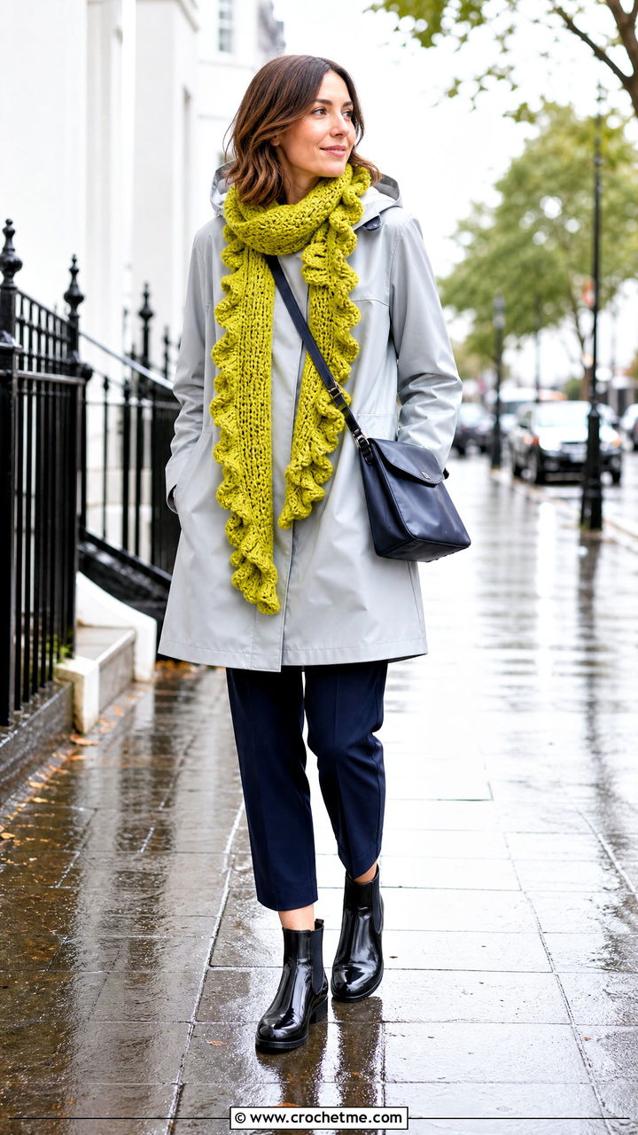 Ruffle Edge Chunky Crochet Scarf With Raincoat - 35 chunky crochet scarf outfit ideas