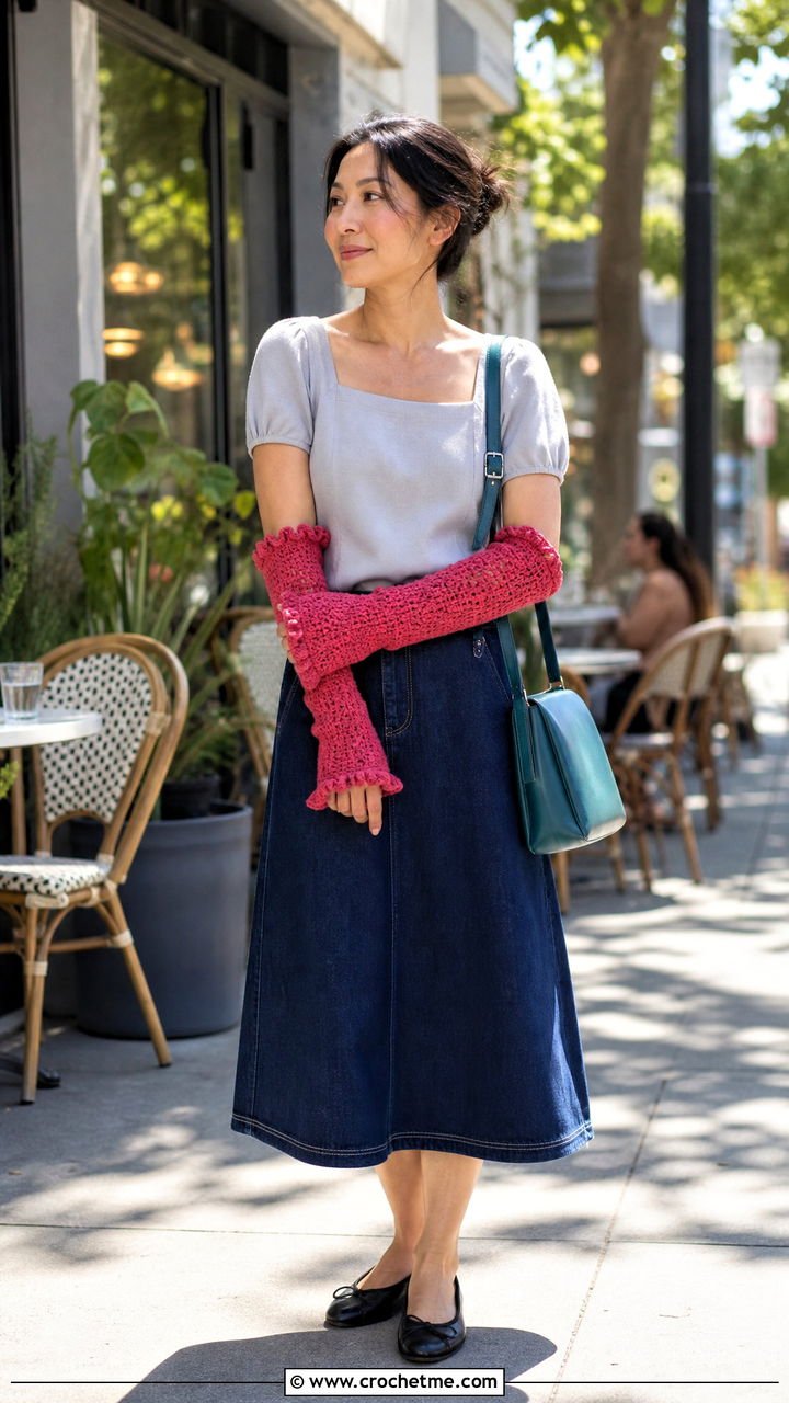 Ruffle Edge Crochet Arm Warmers With Blouse And Denim Skirt - 35 crochet arm warmers outfit ideas