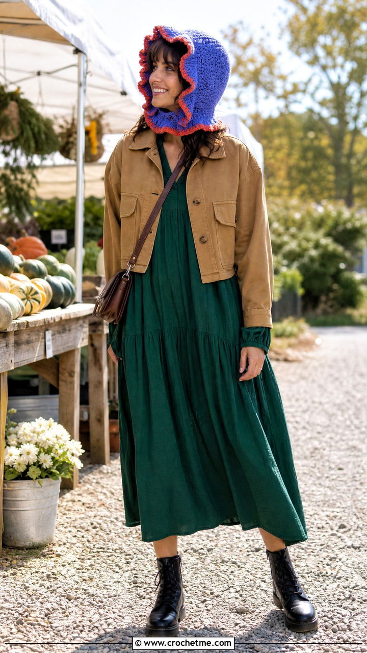Ruffle Edge Crochet Balaclava With Prairie Dress And Combat Boots - 35 crochet balaclava outfit ideas
