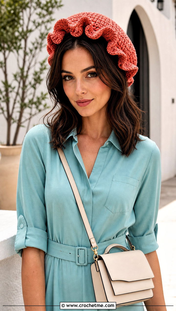 Ruffle Edge Crochet Beret With Shirt Dress And Ankle Boots - 30 crochet berets outfit ideas