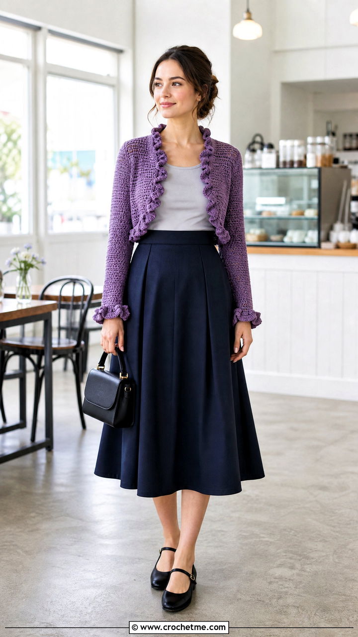 Ruffle Edge Crochet Bolero With A Line Skirt - 35 crochet bolero outfit ideas