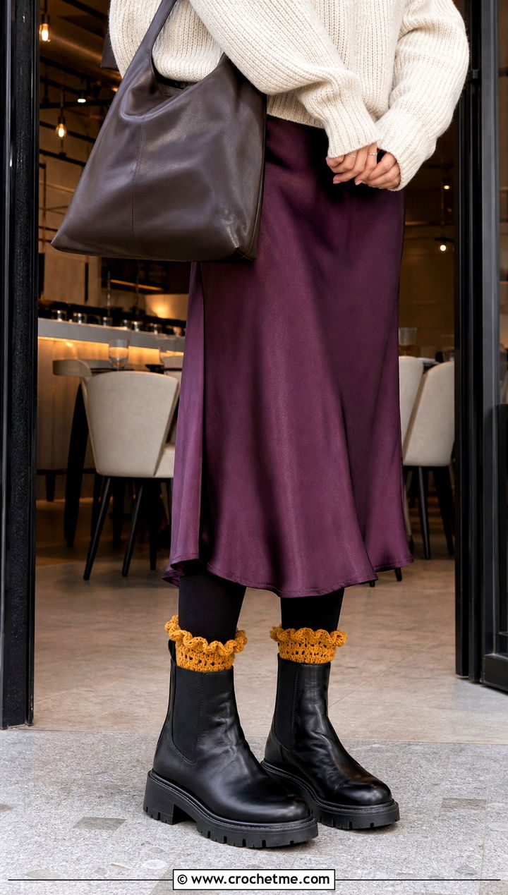 Ruffle Edge Crochet Boot Cuffs With Satin Skirt - 35 crochet boot cuffs outfit ideas