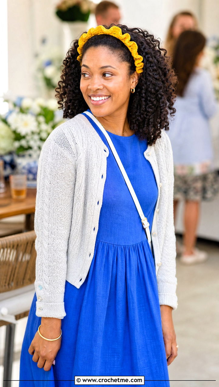 Ruffle Edge Crochet Headband With Midi Dress And Cardigan - 30 simple crochet head bands outfit ideas
