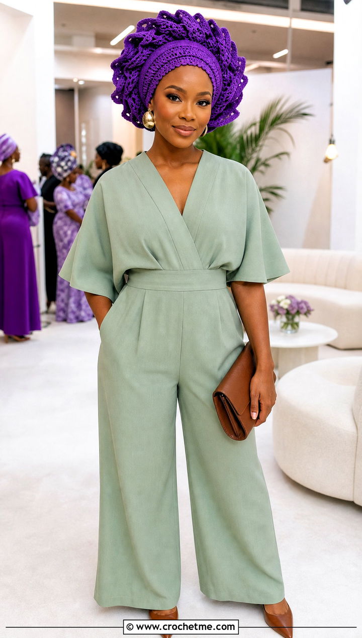 Ruffle Edge Crochet Headwrap With Minimalist Jumpsuit - 35 crochet headwrap outfit ideas