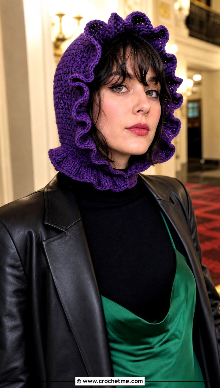 Ruffle Edge Crochet Hood Hat With Slip Dress - 25 crochet hood hat outfit ideas