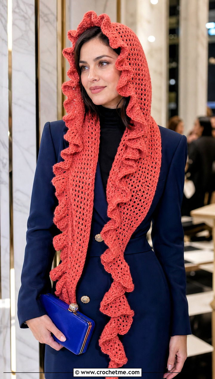 Ruffle Edge Crochet Hooded Scarf With Blazer Dress Outfit - 30 crochet scarf with hood outfit ideas