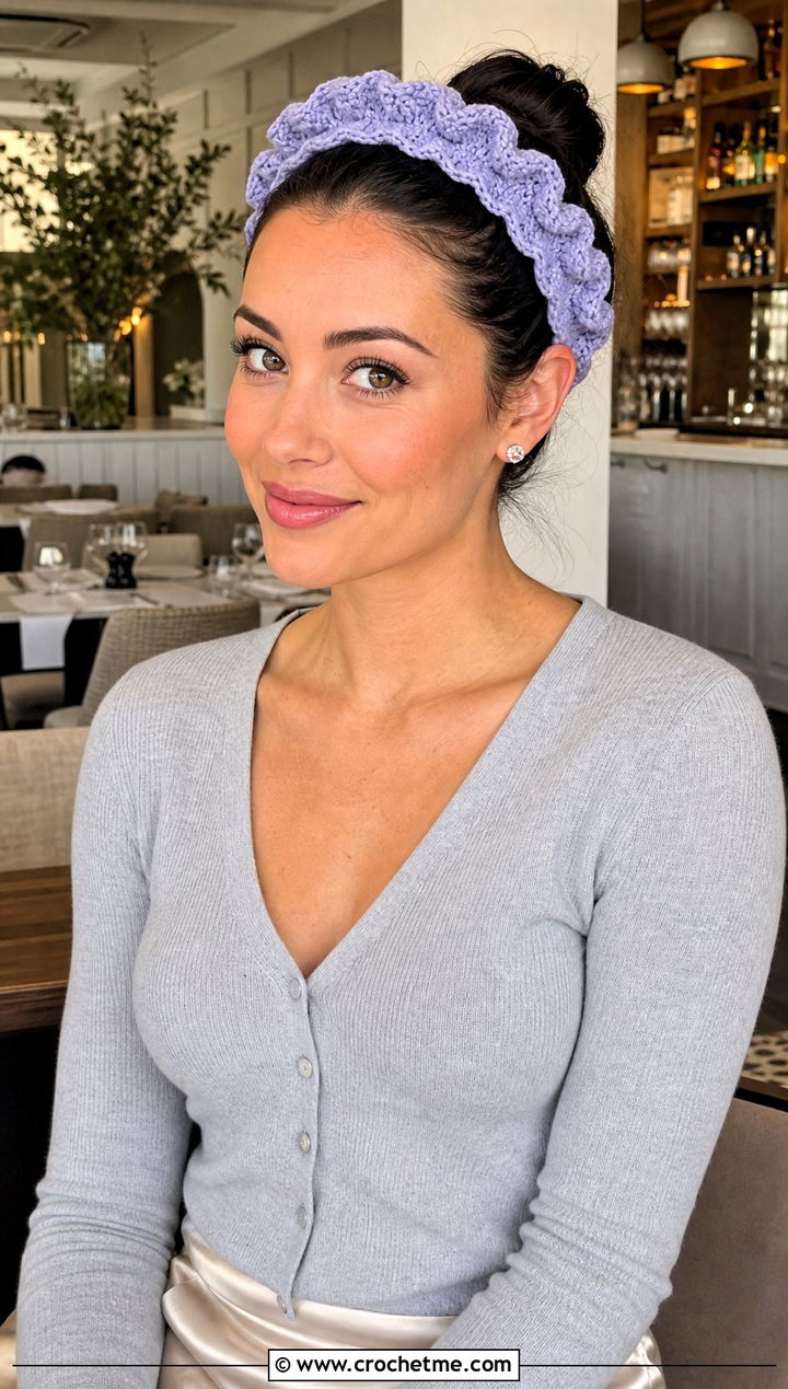 Ruffle Edge Crochet Makeup Headband With Cardigan And Slip Skirt - 25 Crochet Makeup Headband outfit ideas