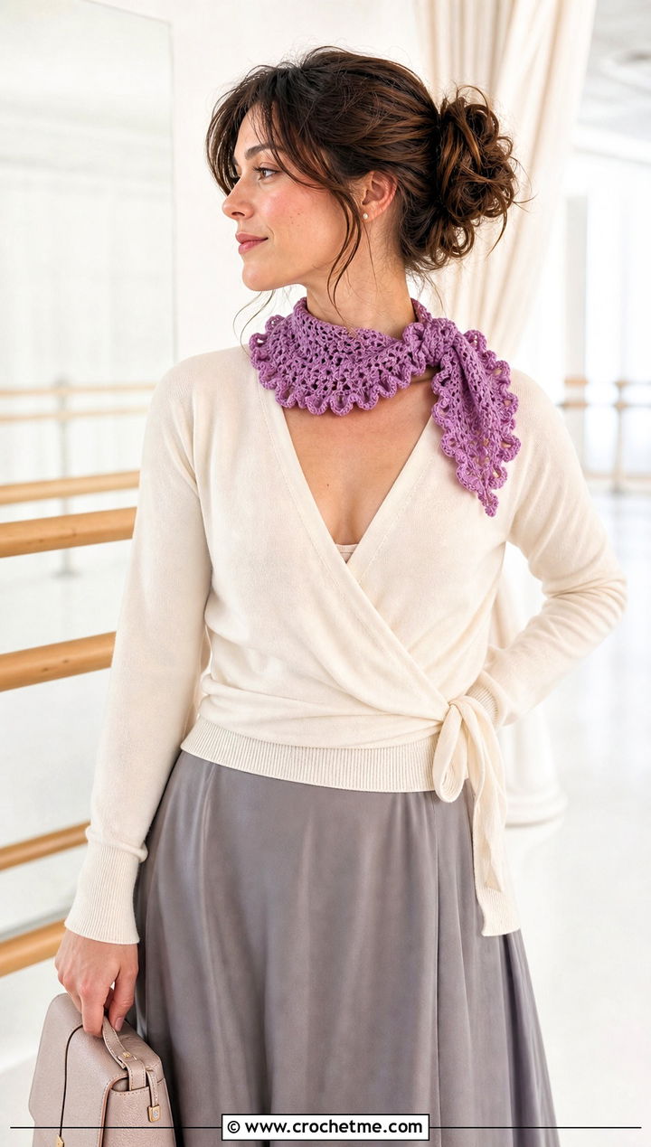 Ruffle Edge Crochet Mini Scarf With Ballet Cardigan - 30 mini crochet scarf outfit ideas