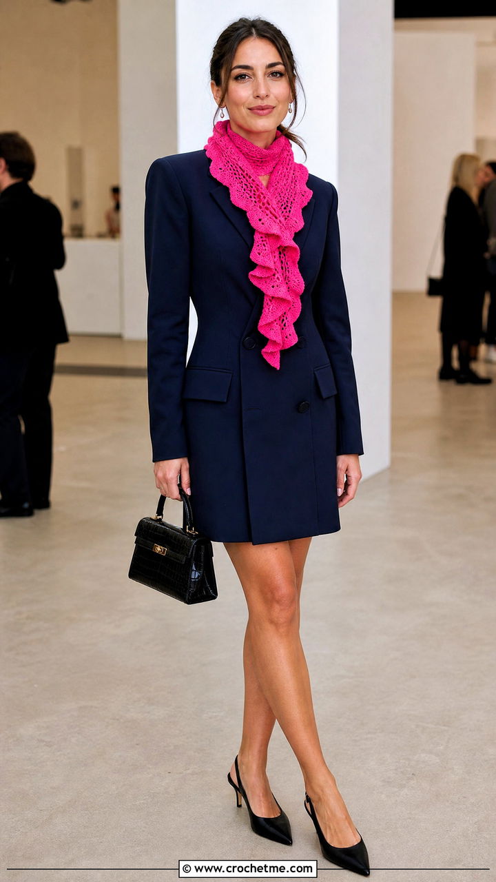 Ruffle Edge Crochet Scarf With Blazer Dress - 35 easy crochet scarf outfit ideas
