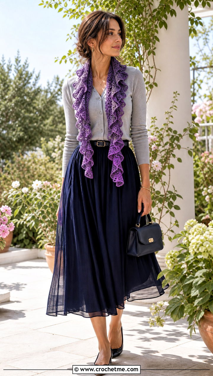 Ruffle Edge Crochet Scarf With Cardigan And Midi Skirt - 35 crochet scarves outfit ideas
