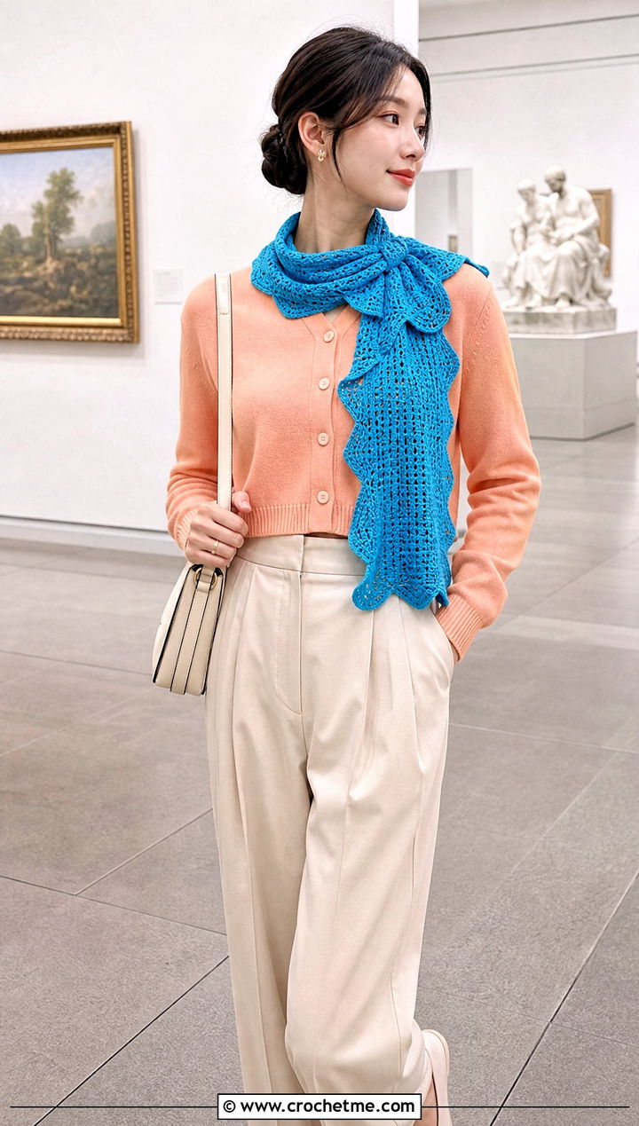 Ruffle Edge Crochet Scarf With Cropped Cardigan - 30 unique crochet scarf outfit ideas
