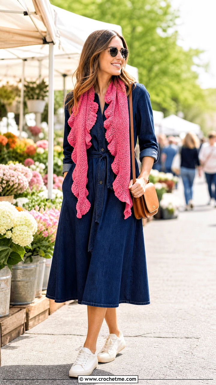 Ruffle Edge Crochet Scarf With Denim Dress - 35 beginner crochet scarf outfit ideas