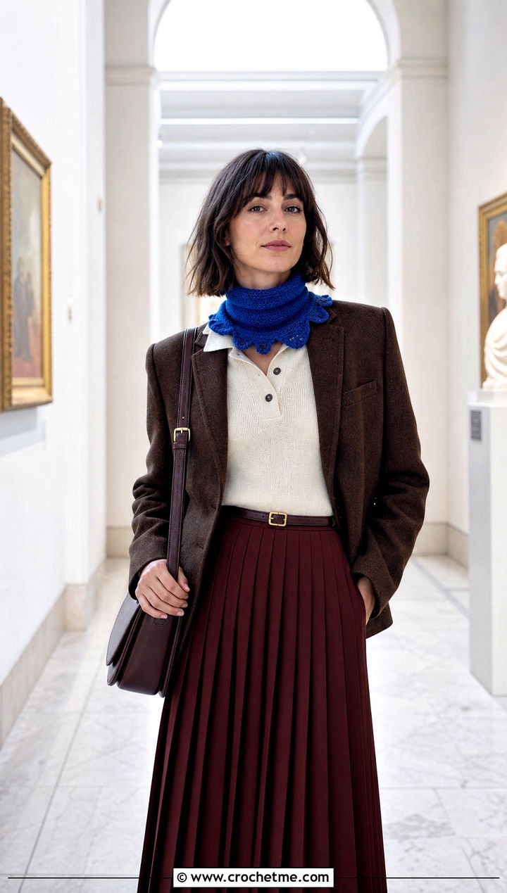 Ruffle Edge Crochet Scarf With Knit Polo And Pleated Skirt - 30 easy crochet scarfs outfit ideas