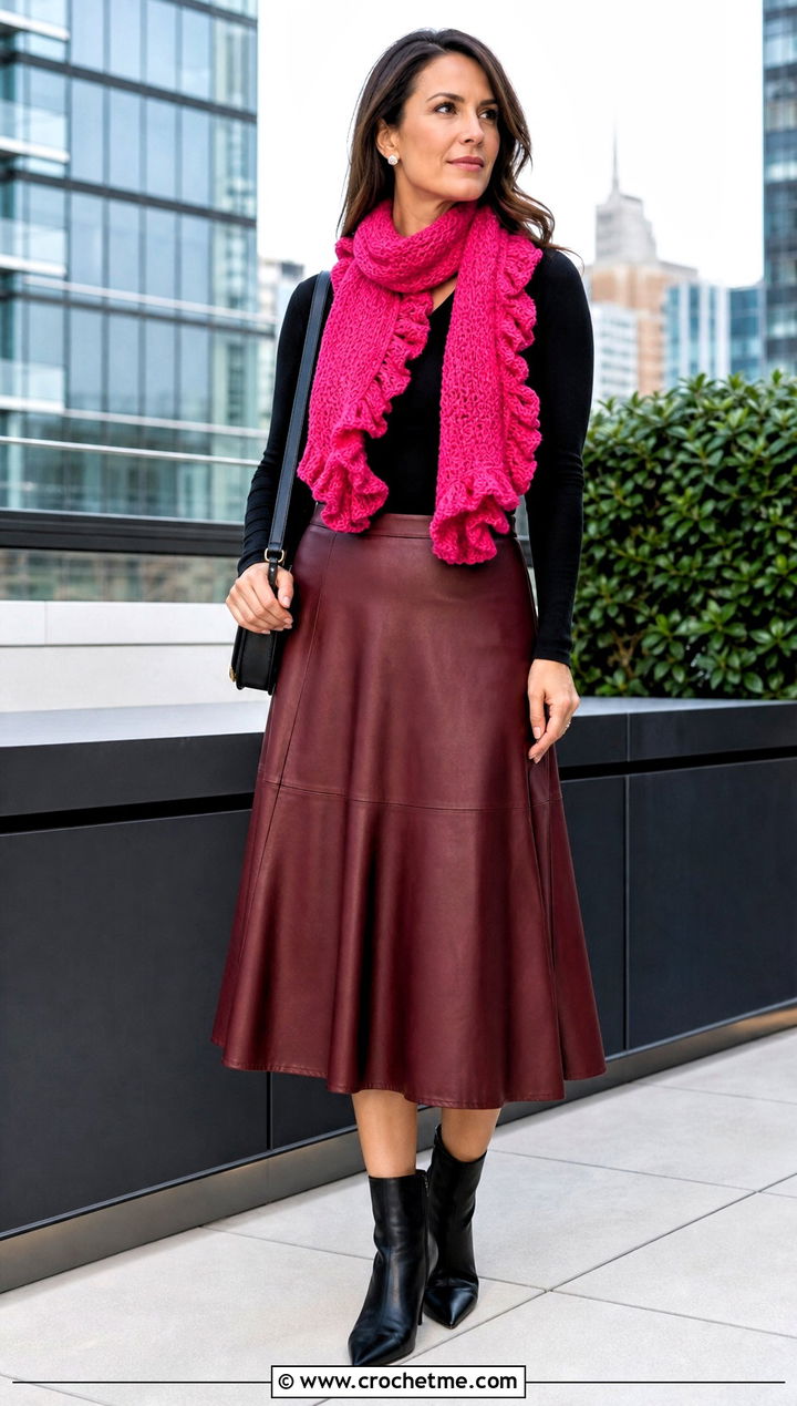 Ruffle Edge Crochet Scarf With Leather Skirt - 35 cute crochet scarf outfit ideas