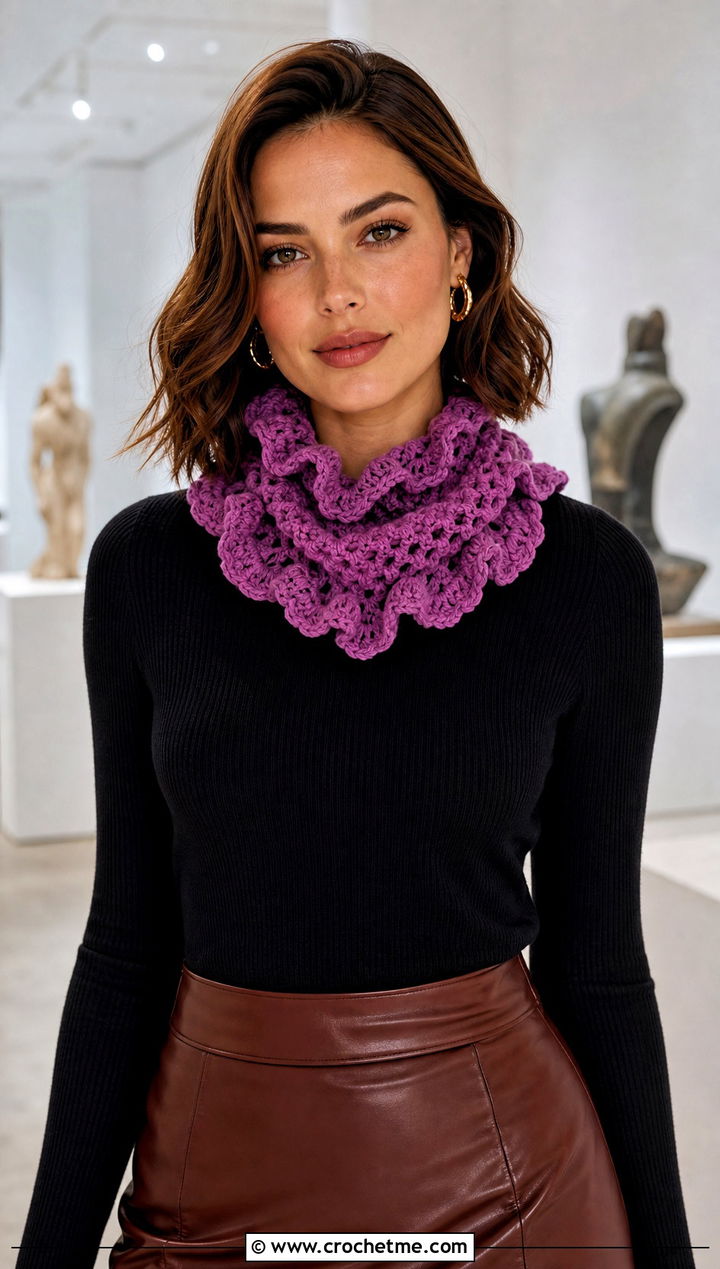 Ruffle Edge Crochet Scarf With Leather Skirt - 30 wanderlust crochet scarf outfit ideas