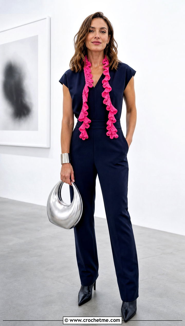 Ruffle Edge Crochet Scarf With Modern Jumpsuit - 35 small crochet scarf outfit ideas