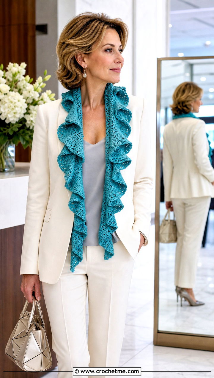 Ruffle Edge Crochet Scarf With Pantsuit - 20 Crochet Textured Scarf outfit ideas