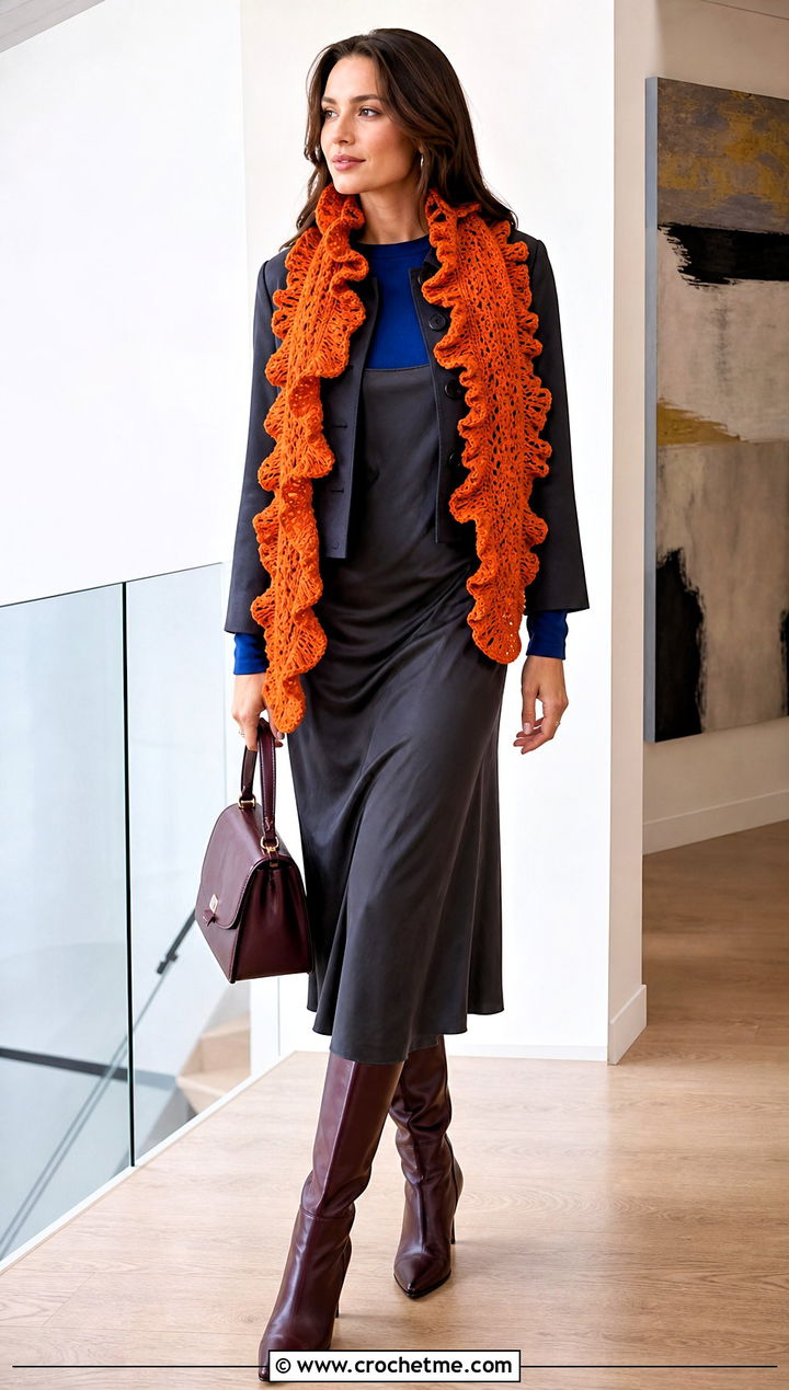 Ruffle Edge Crochet Scarf With Slip Dress And Boots - 35 fall crochet scarf outfit ideas