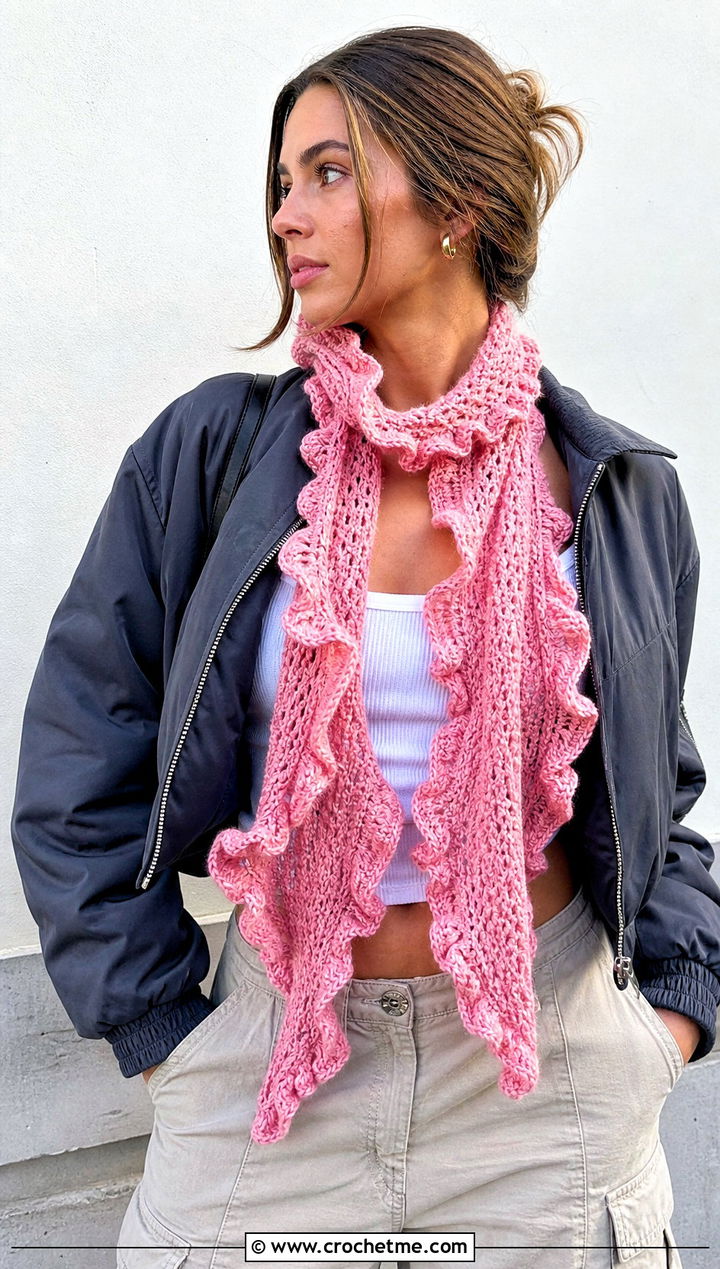 Ruffle Edge Crochet Scarf With Tank Top And Cargo Pants - 25 Tiny Crochet Scarf outfit ideas
