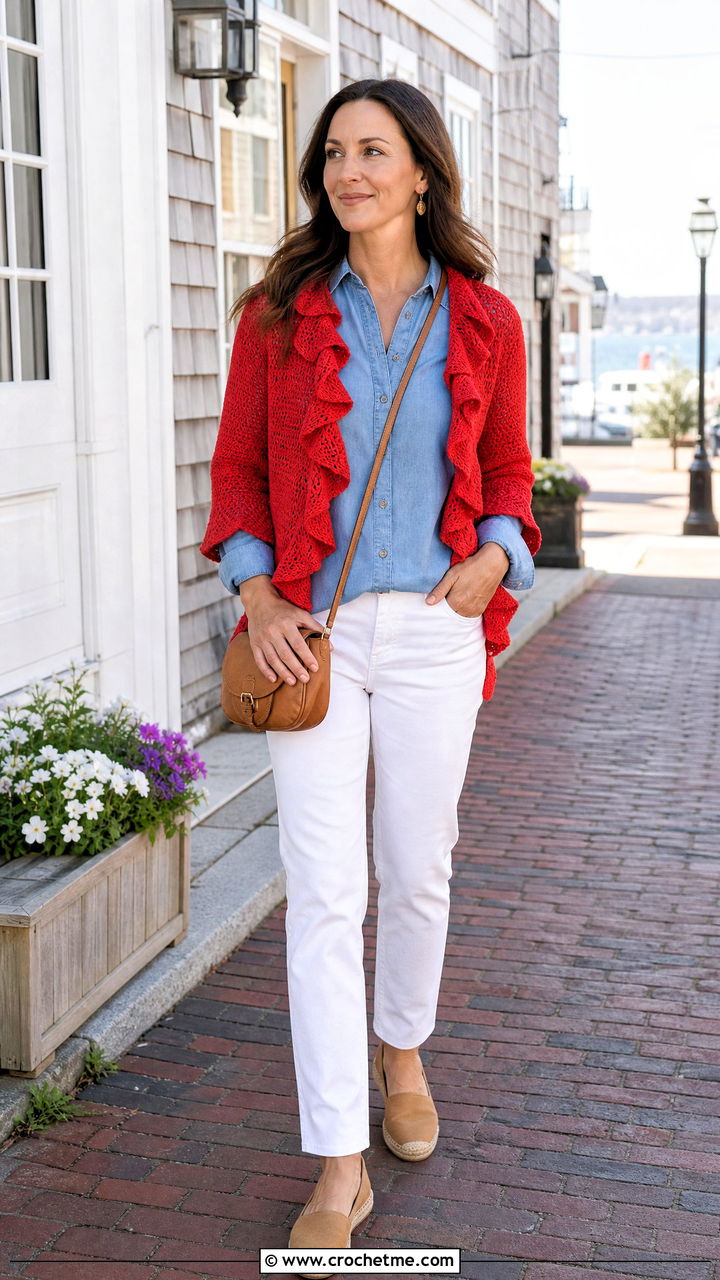 Ruffle Edge Crochet Shrug With Chambray Shirt and White Jeans - 35 crochet shrugs outfit ideas