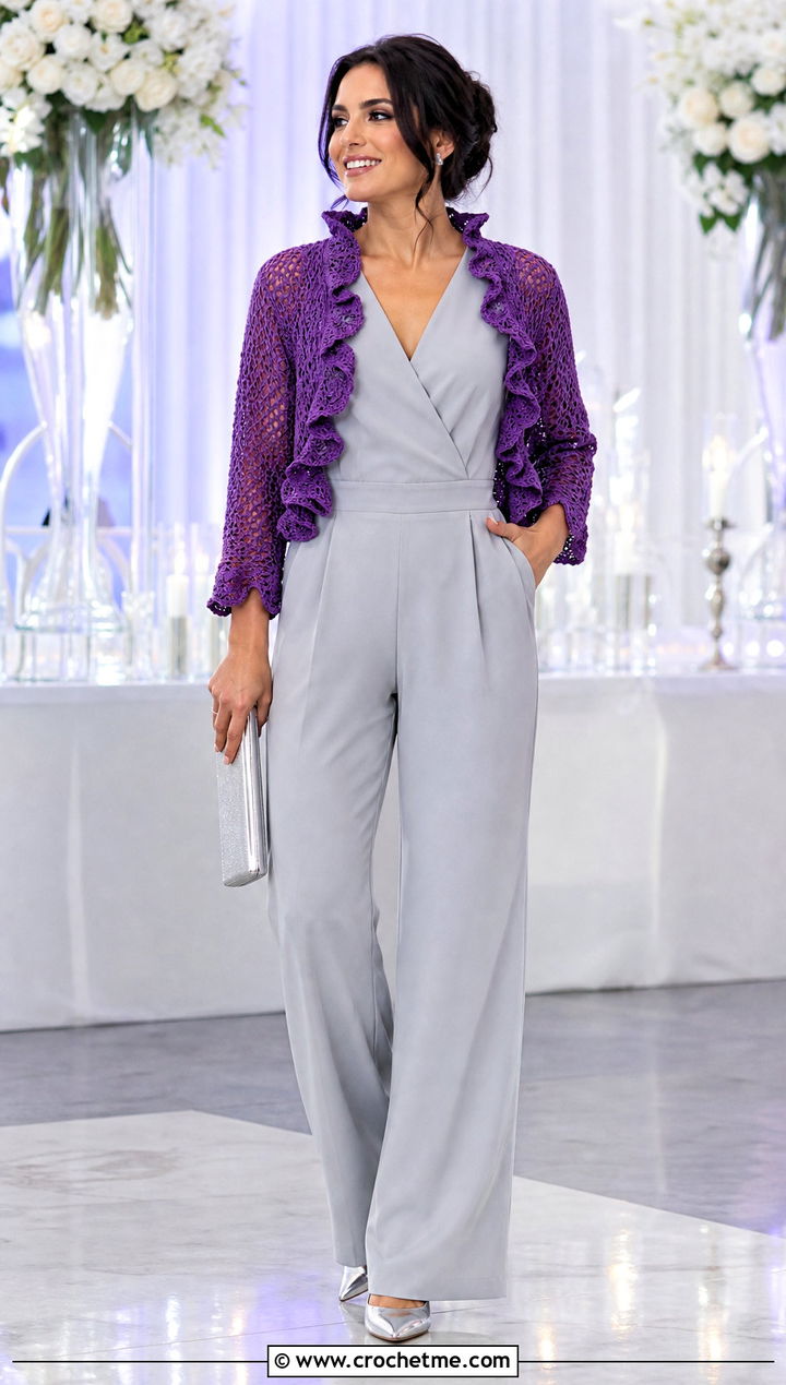 Ruffle Edge Crochet Shrug With Tailored Jumpsuit - 35 crocheted shrug outfit ideas