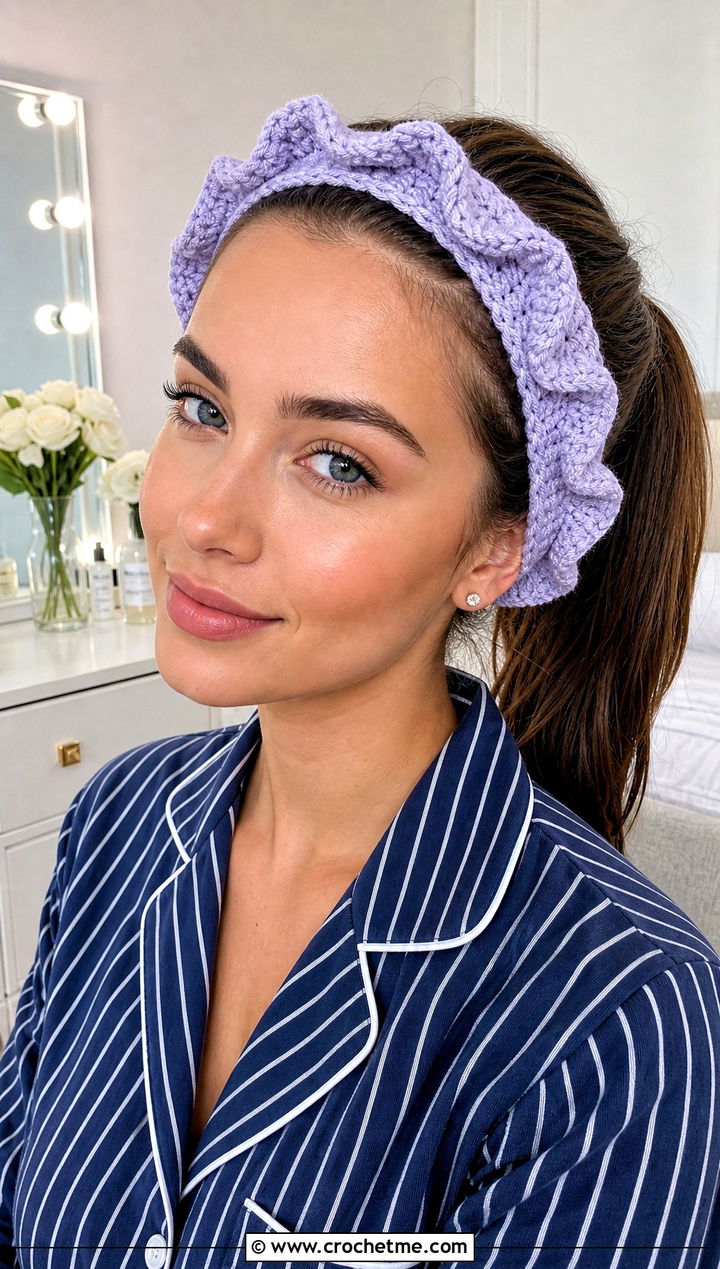 Ruffle Edge Crochet Skincare Headband With Poplin Pajamas - 15 Crochet Skincare Headband outfit ideas