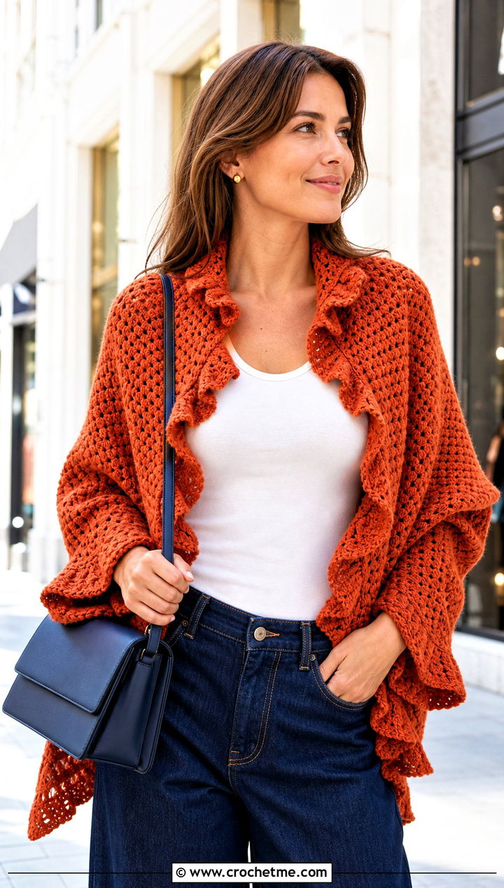 Ruffle Edge Crochet Sweater Scarf Wrap With Barrel Jeans - 30 crochet scarf sweater wrap outfit ideas