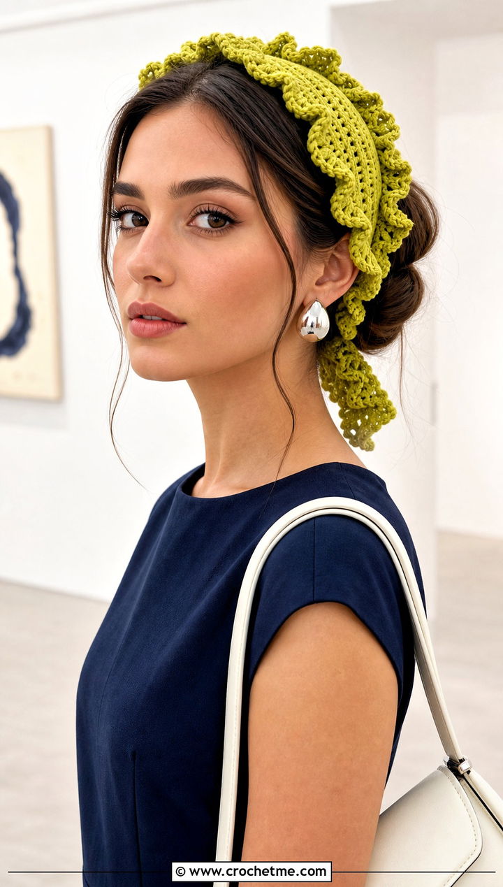 Ruffle Edge Crochet Tie Headband With Minimalist Dress - 35 crochet tie headband outfit ideas