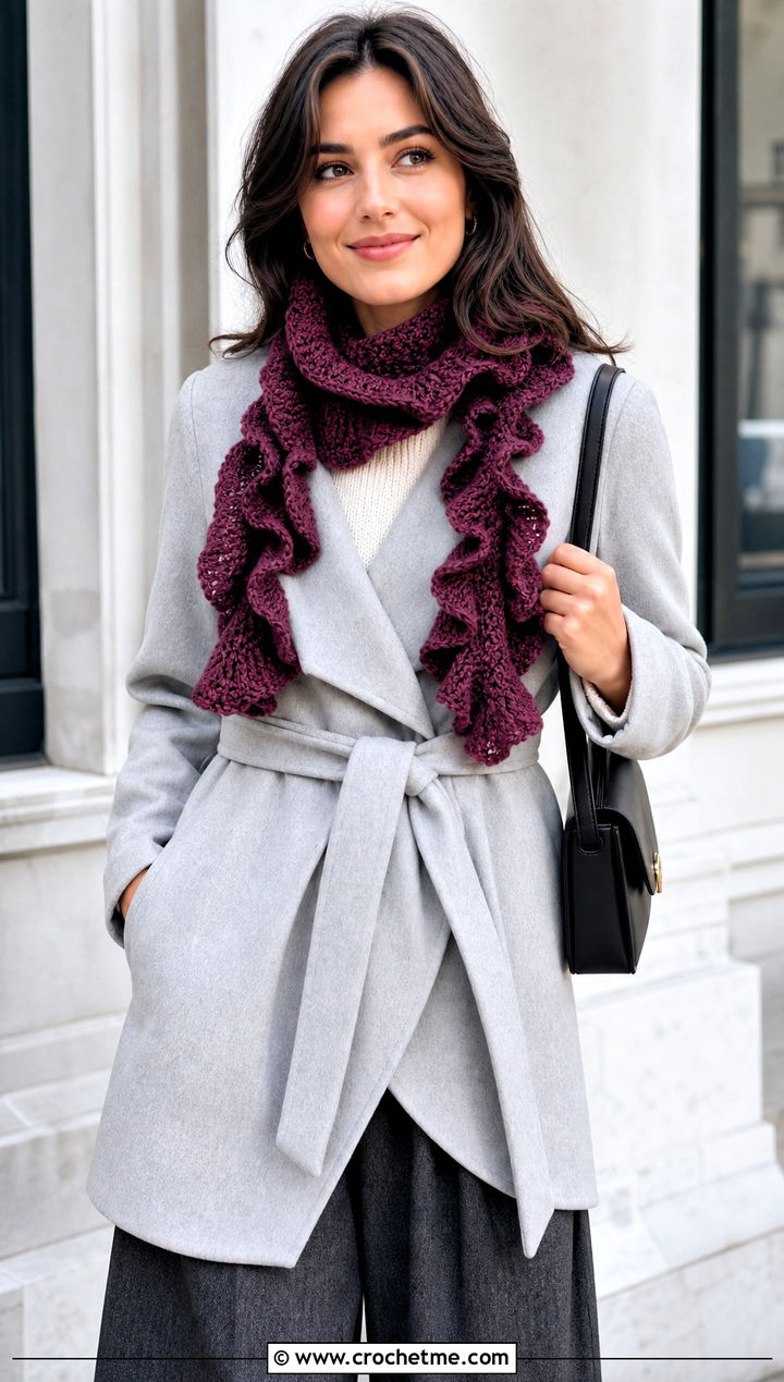 Ruffle Edge Crochet Winter Scarf With Wrap Coat - 35 crochet winter scarf outfit ideas