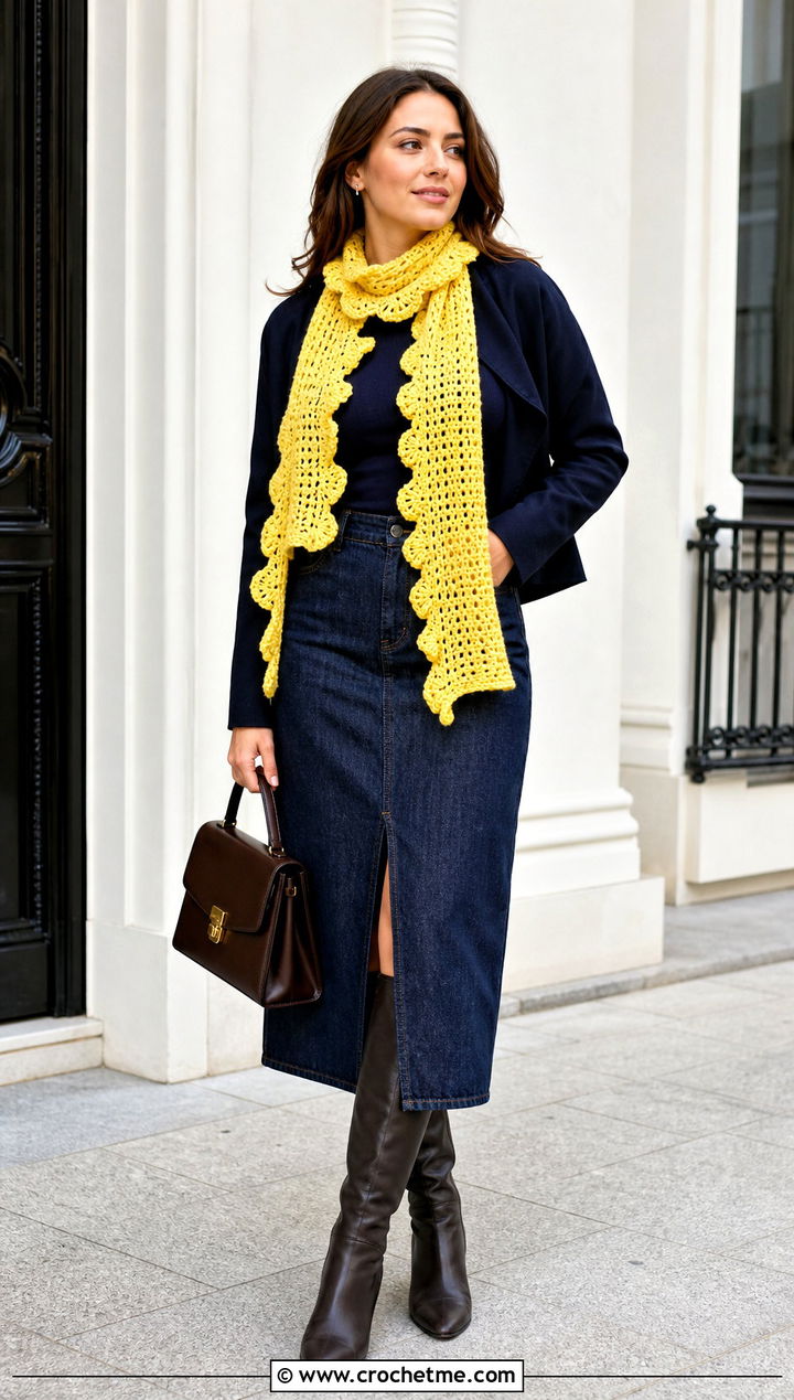 Ruffle Edge Double Crochet Scarf With Denim Midi Skirt - 35 double crochet scarf outfit ideas